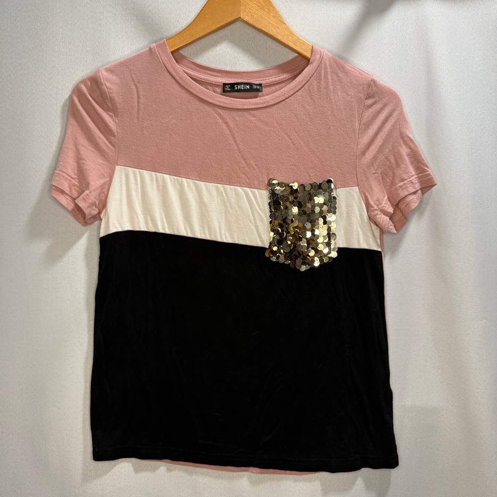 SHEIN Colorblock Sequin Pocket Tee XS